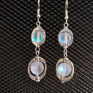 Antique silver framed mermaid glass/mystic aura earrings